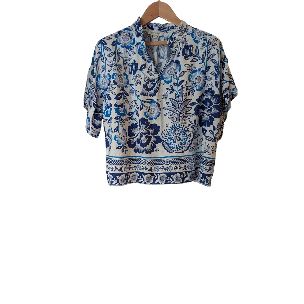 Rachel Zoe Blue White Floral Linen Blend Ruffle Neck Blouse Top Size M